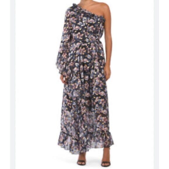 Dalia MacPhee Women's One Shoulder Tie Waist Floral Flowy Dress Multicolor M - Picture 2 of 13